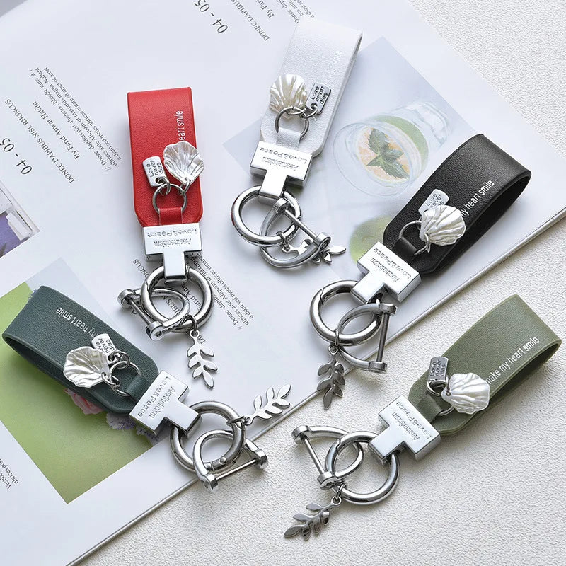 New Creative Leaf Shell Pendant Keychain PU Leather Key Ring Women Men Car Key Phone Charm Holder Business Party Gift Trinket