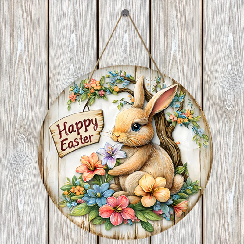 1 piece farmhouse style round wooden Easter bunny logo, 7.87 inch made wooden wreath with lilies and spring decoration, farmhous