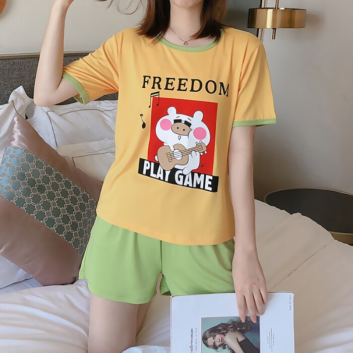 Hot sale Summer Shorts Pajama Sets for Women Short Sleeve Sleepwear Cute Girls Cartoon Pyjama Homewear Pijama Mujer Home Clothes