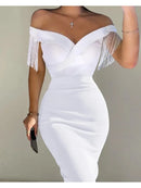 Women Dress Summer Sexy Solid High Waist Dresses Ladies Slash Neck Evening Tassel Backless Splice Midi Vestidos Party Clothing