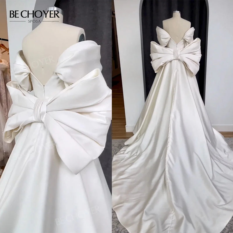 Wedding Dress 2 In 1 Bow Sleeveless Bride Gown 2024 Sweetheart Satin A-Line Court Train Princess BECHOYER EL201 Vestido de Noiva