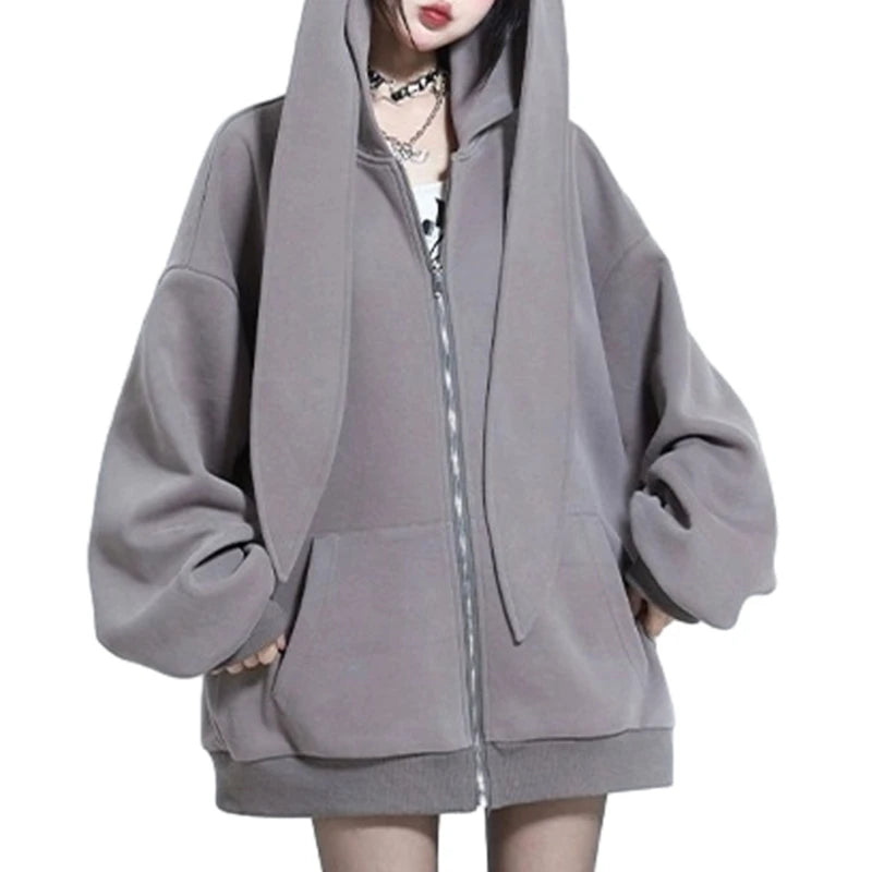 Women Long Sleeve Oversized Sweatshirt Coat Long Rabbit Ears Hoodies Jackets