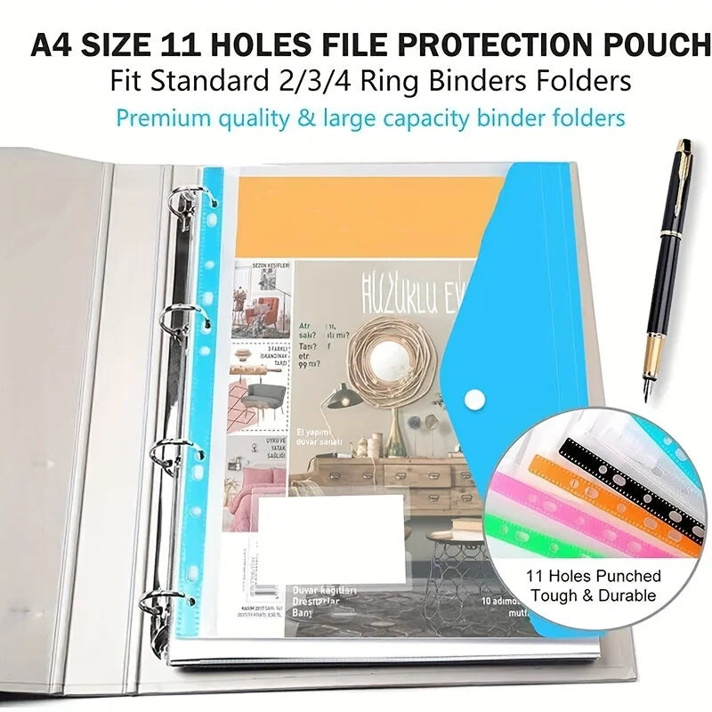 6 pcs Plastic envelope with adhesive snaps & 11 holes file folder expansion bag for 2/3/4 ring file bag and A4 school bag file b