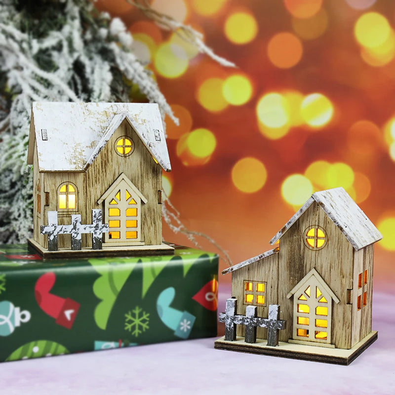 1Pcs Mini Christmas New Decorative Luminous Wooden House With Battery LED Small Xmas Room Desktop Pendant Kids DIY Decoration