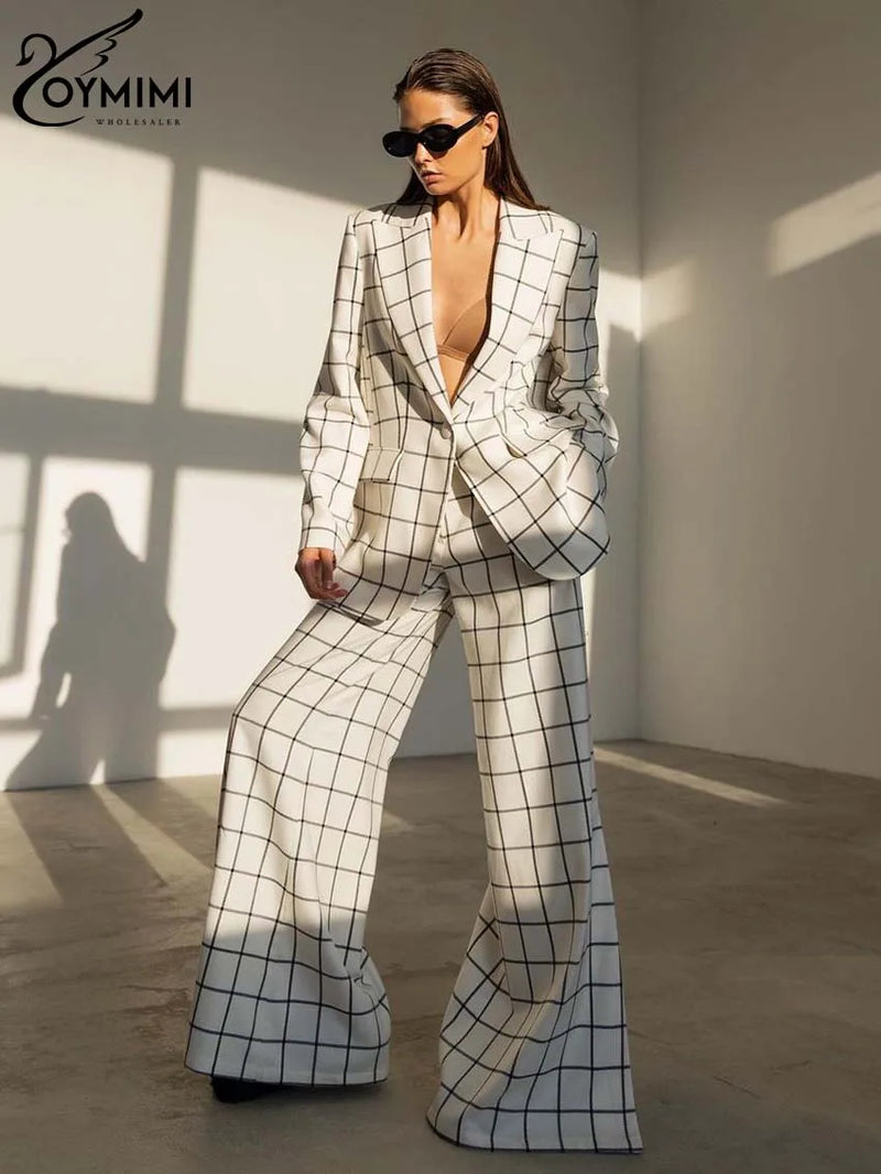 Oymimi Fashion Khaki Plaid Print 2 Piece Outfit Set Women Elegant Lapel Long Sleeve Pockets Shirts And Side Slit Trousers Sets