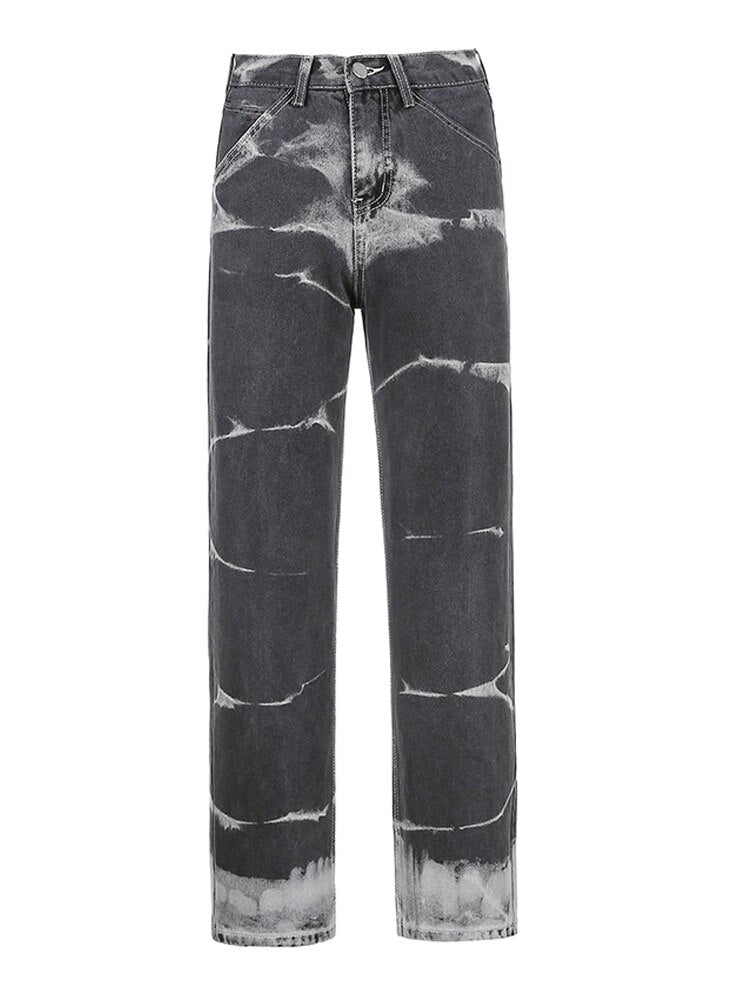 HEYounGIRL Brown Gray Tie Dye Print Harajuku Jeans Women Casual Skinny High Waist Pants Ladies Streetwear Denim Trousers Hip Hop