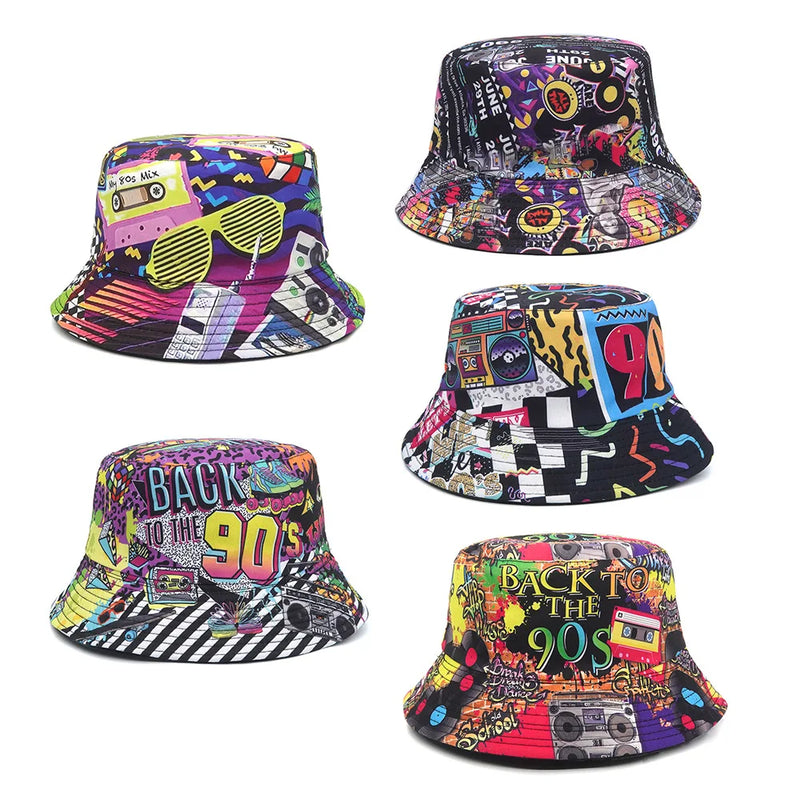 Women Bucket Hat Fashion Design Print 90's Panama Hats Female Vintage Fisherman Unisex Sun Cap Dropshipping