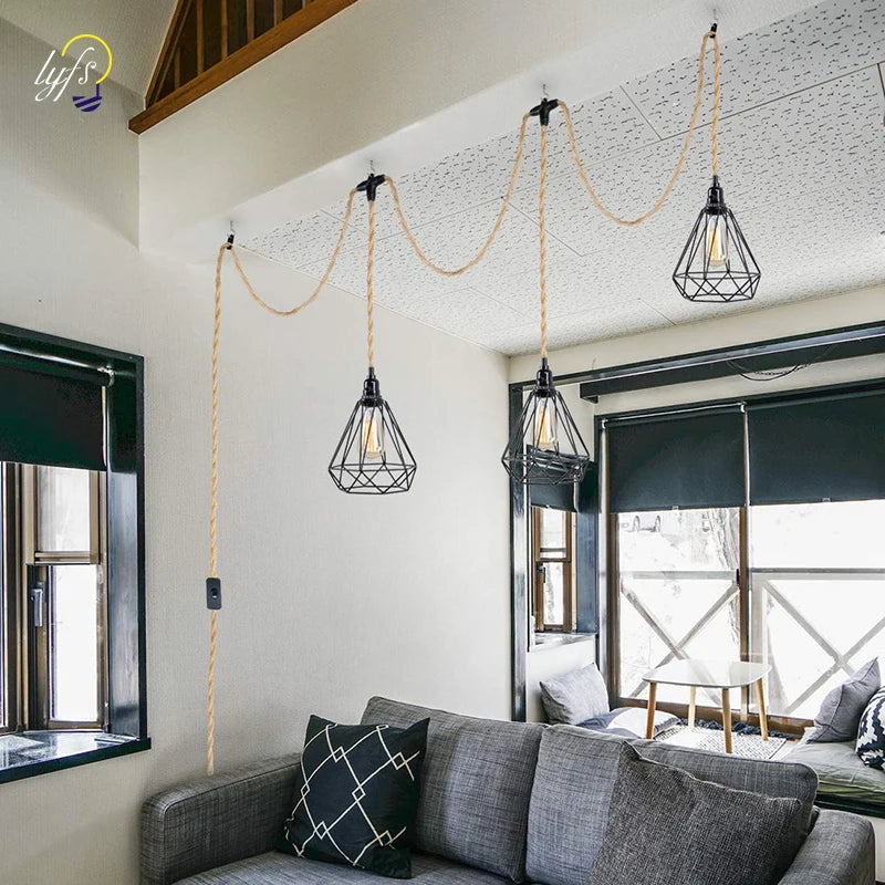 Industrial Vintage Loft Style Hemp Cord Covered Power Cord With EU Plug Switch E27 Bulb Lamp Holder Cord Sets 3 Heads Chandelier