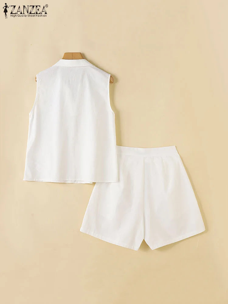 ZANZEA 2pcs Fashion Sleeveless Tanks Tops Shorts Sets Summer Women Matching Sets Printed Tracksuits Elegant Work Suit Oversize