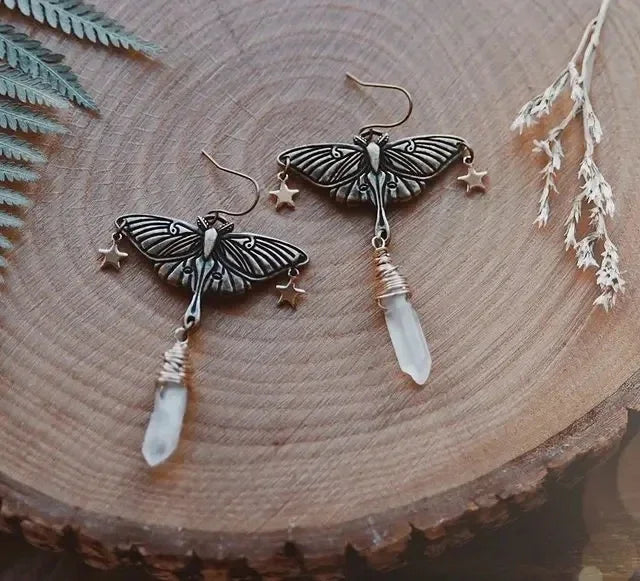 Luna Moth Quartz Earrings, Insect Earrings, Bohemian, Dangle Earrings