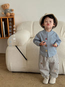 2026 Fall New Toddler Kids Pants Cotton Cartoon Embroidered Harem Pants Baby Boy Casual Striped Denim Baggy Trousers