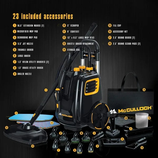 McCulloch MC1385 Deluxe Canister Steam Cleaner with 23 Accessories, Chemical-Free Pressurized Cleaning for Most Floors