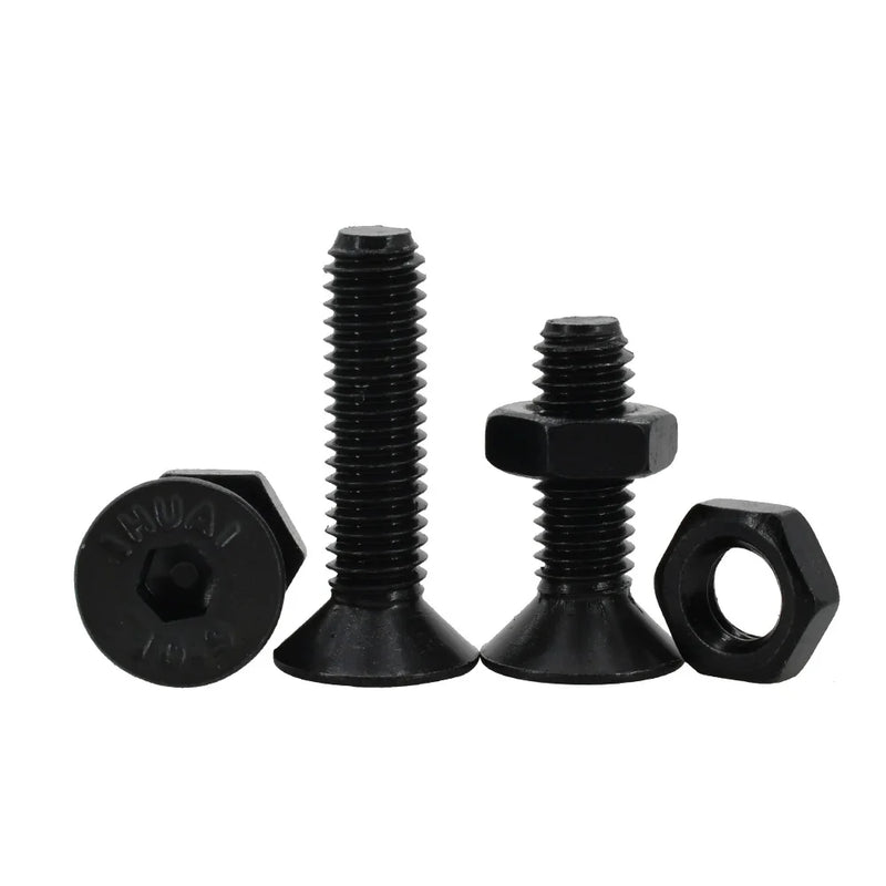 Grade 10.9 Carbon Steel Black Countersunk Flat Head Hex Bolt Nut Kit Electric Machine Screws Hexagon Allen Bolts M2 M3 M4 M5 M6