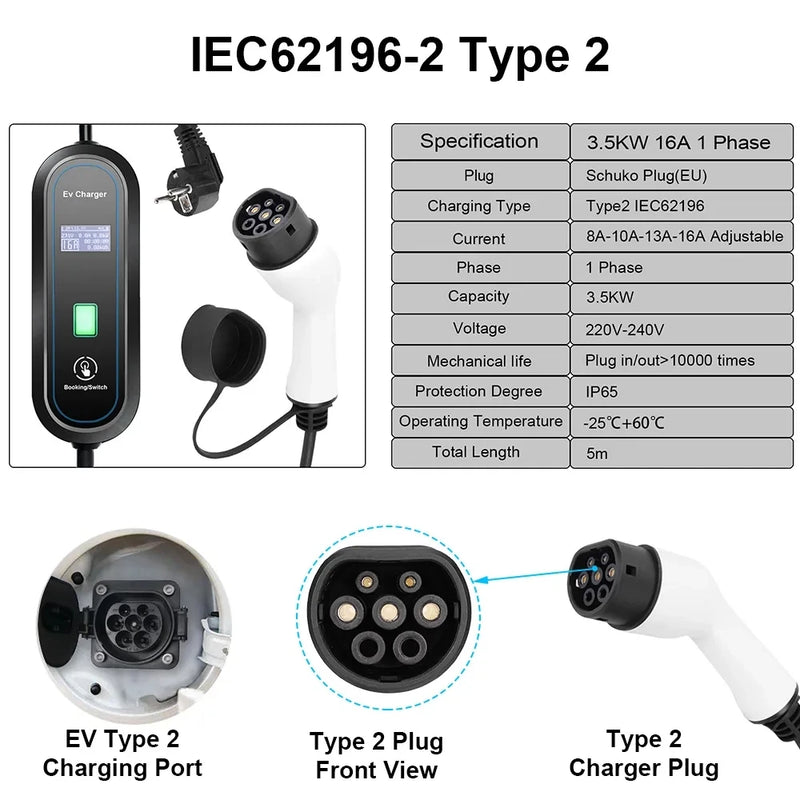 Teschev 3.5KW Adjustable EV Charger Wallbox 16A Portable EV Charging GBT China Type1 Type2 Standard Electric Vehicle Cars Schuko