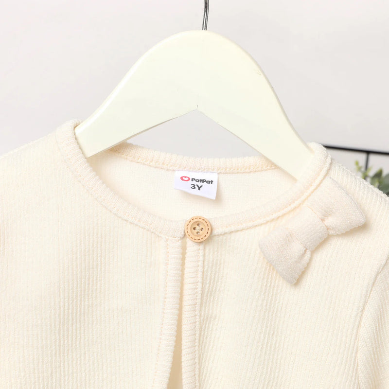 PatPat Toddler Girl Coat Spring Autumn Solid Color Bowknot Design Ribbed Cardigan Jacket