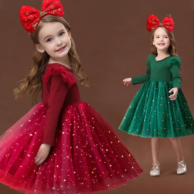 Children Christmas Dress for Girl Sequin Star Mesh Princess Dresses Red Christmas Clothes Kids 2025 New Years Party Costume 3-8Y