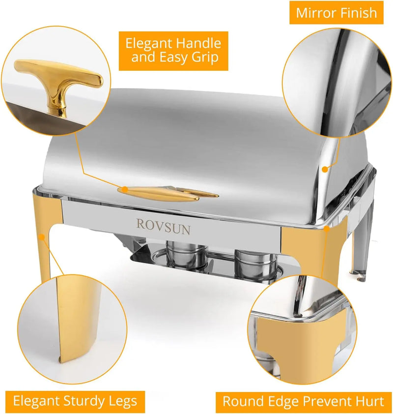 Rovsun 3 Packs Roll Top Chafing Dish Buffet Set Gold Accent,Nsf 9 Quart Rectangular Stainless Steel Chafer, Buffet Servers And