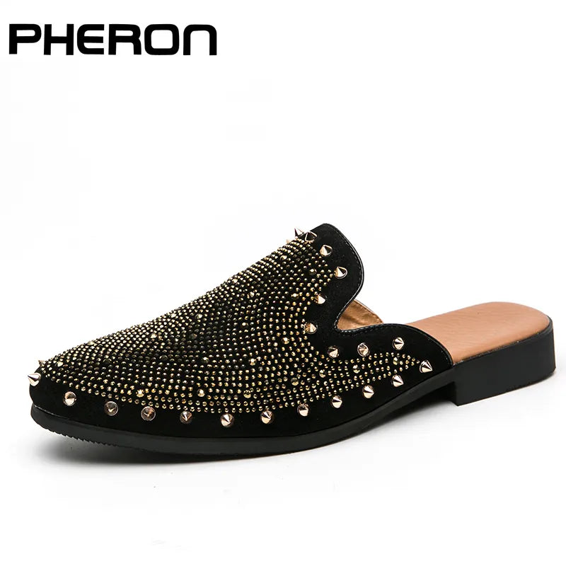 New Men Casual Shoes Designer Rivet Dress Shoes Loafers Fashion Chaussure Homme Cuir Half Slippers Zapatos Hombre Party Flats