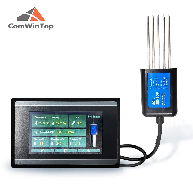 Measuring and Logging Soil Moisture Temperature Humidity EC PH NPK Sensor with HMI touch screen