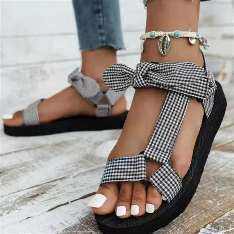 New Summer Women Sandals Color Flat Casual Lace Up Bow Shoes for Ladies  Fashion 2023 Outdoor Leopard Beach Mujer