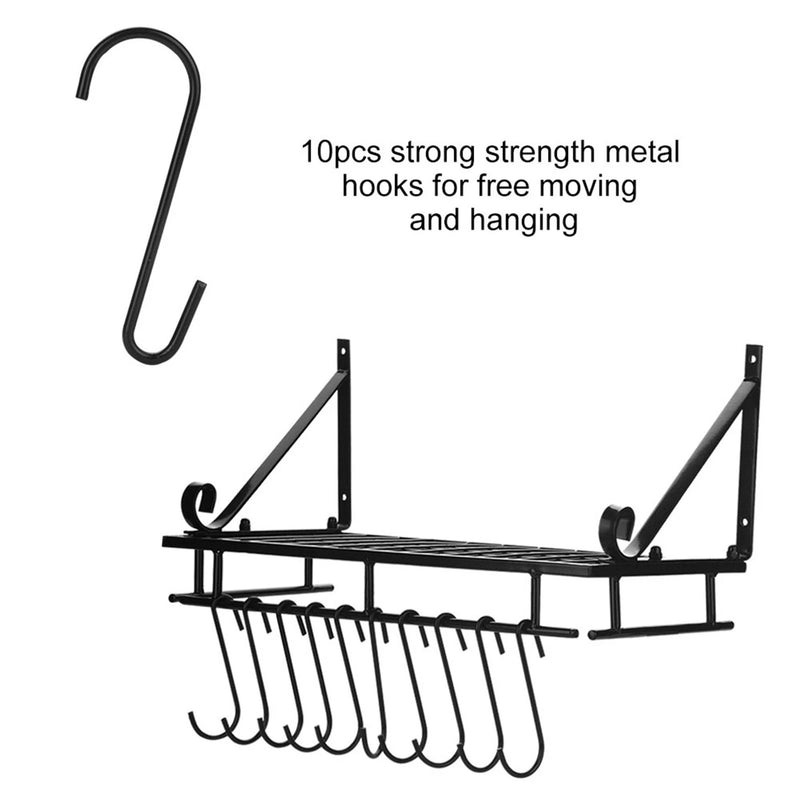 Kitchen Storage Rack Pan Rack Pot Rack Metal Hanging Pan Pot Rack Wall Mounted with 10 Hook Holders Kitchen Storage Organizer