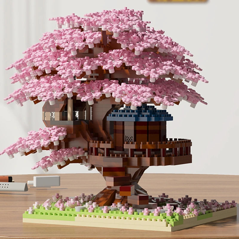 DIY Purple Romantic Cherry Blossom Flower Pink Tree House Train Assembly Building Blocks Classic Model Bricks Sets Kid