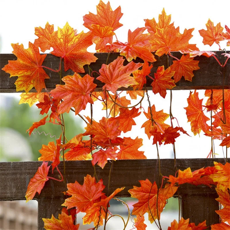 2.4m Red Maple Leaf Rattan Garland Decorations Outdoor Hanging Vines Artificial Maple Leaf for Autumn Thanksgiving Fall Decor