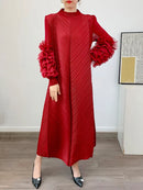 GVUW Women‘s New Pleated Dresses Round Collar Solid Color Appliques Loose Long Sleeve 2024 Spring Female Fashion Clothes 17J0207