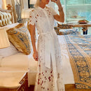 Summer Women's Lapel Tie Up Lace Dress Sexy Hollow Short Sleeved Single Breasted Long Dress Casual Solid Color Holiday Dresses