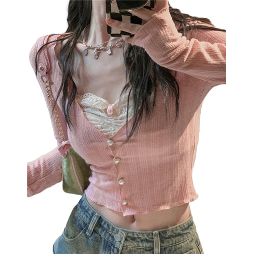 Lamuusaa Y2K Crop Top Süße Ästhetische Kleidung Damen Spitze Patchwork Langarm T-Shirt mit Schleifendekor 2000er Kleidung Streetwear