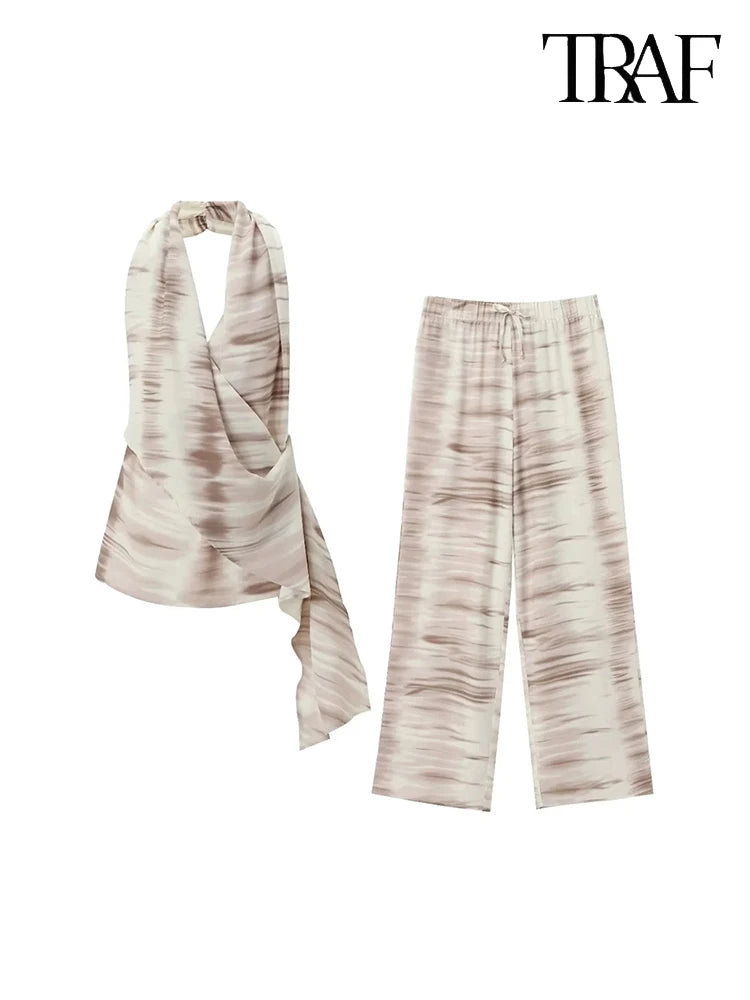 TRAF Women's Summer Tie-Dye Asymmetric Set Backless Sleeveless Hanging Neck Top + Pants Two Piece Holiday Street Casual Set