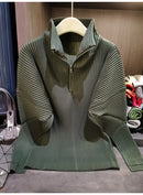 Miyake Pleated Sweatshirt Pit Stripe Zipper Standing Collar Jacket Women 2025 New Casual Pullover Hundred Pleat Skinny Tops