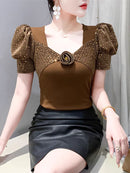 Women's Chic Youthful Square Neck Puff Sleeve T-Shirt Shimmery Floral Summer Blouse  Slim Fit Trendy Top