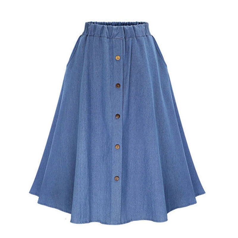 Women Vintage Cowboy High Elastic Waist Button A-Line Pleated Knee Length Blue Denim Skirts HFDZ-650