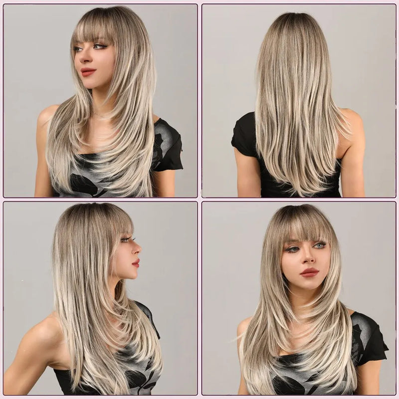 Women Blonde Wigs Long Blonde Bangs Dark Root Layered Synthetic Wig For Daily Use Suitable For Fashion Ladies