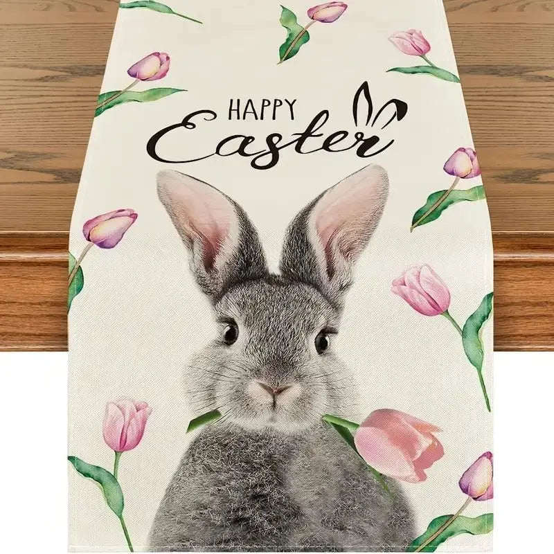 2024 Easter Rabbit Table Runner Linen Bunny Dining Table Cloth Placemat Spring Holiday Happy Easter Decoration For Home Kitchen