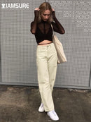IAMSURE Loose Jeans For Women High Waist Cool Basic Trousers Vintage Casual Full Length Wide Leg Pants High Street Wear Lady