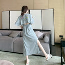 Summer Backless Split Hem Midi Dress Round Neck Short Sleeve Printing Ladies Dresses Korean Fashion Women Clothing