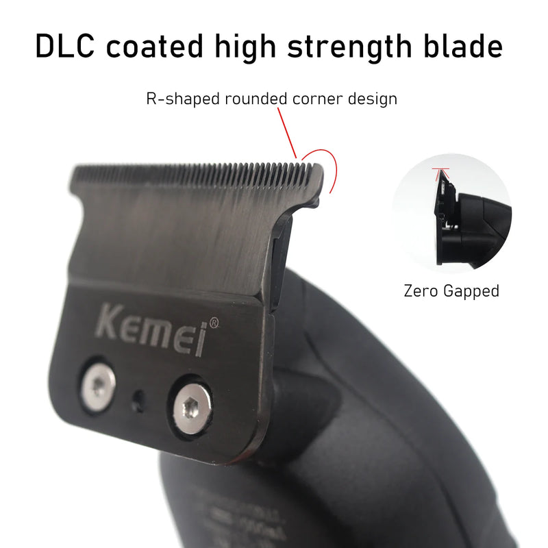 Kemei KM-2293 Professional Hair Trimmer Machine Zero Gapped Full Metal DLC T-Blade Finishing Machine USB LED Man's Hair Clipper