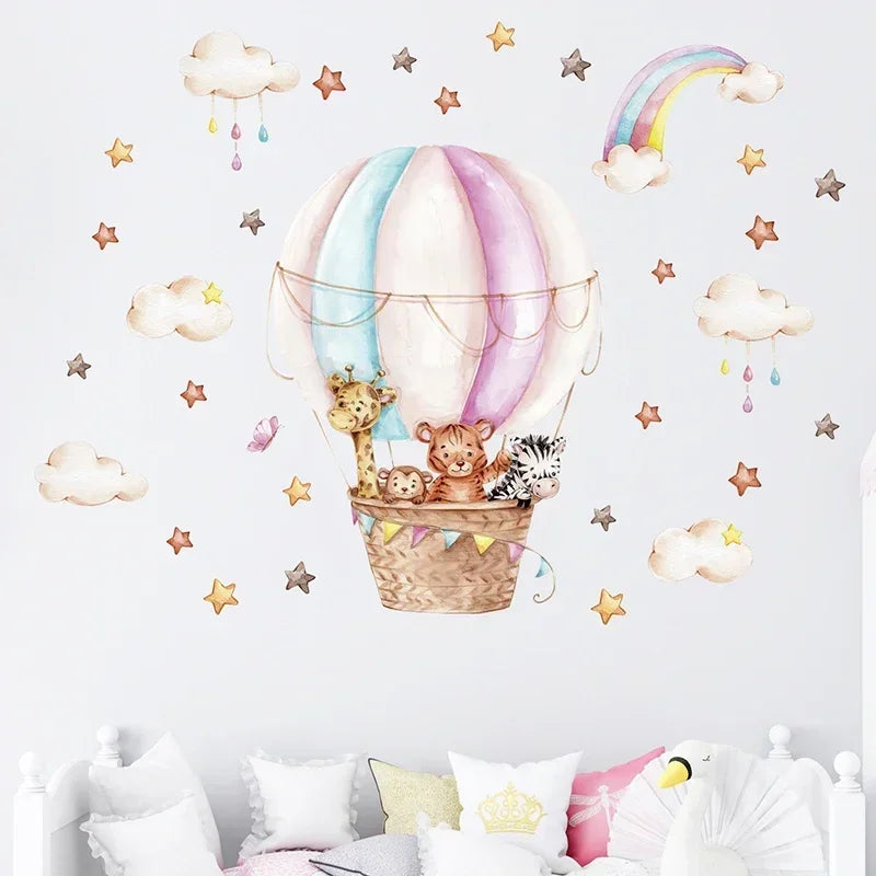 Watercolor Pink Hot Airballoon Cute Animals Cloud Rainbow Wall Stickers for Kids Room Baby Nursery Room Wall Decals Home Decor