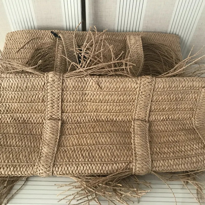 Private Customized Tassel Grass Woven Bag For Women's Large Capacity Handmade Woven Handbag Pastoral Beach Vacation Shoulder Bag
