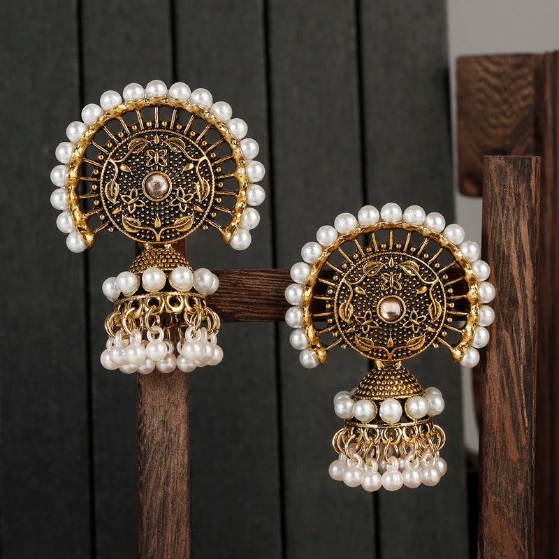 Ethnic Antique Gold Color Earrings Women Geometric Carved Lantern Bead Tassel Hanging Earrings Piercing Indian Jhumka Jewelry