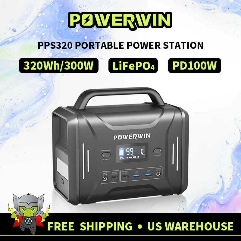 POWERWIN 320Wh Portable Power Station PPS320 Solar Generator 300W LiFePO4 Battery PD100W Fast Charge Gas Boiler Camping Inverter