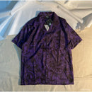Large Size Cartoon Purple Short-sleeved Floral Shirt Men's Summer Dark Retro Hong Kong Style Handsome Hawaiian Shirt