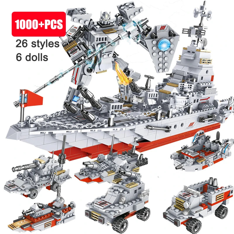 1000+PCS Military Series Warship Fighter Robot Building Blocks Boat Airplane Car Set Toys For Children Gifts