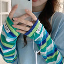 HOT Women Soft Cotton Stripe Loose Arm Protection Sunscreen Ice Silk Gloves Driving UV Protection Ice Sleeves Summer Cool Sleeve