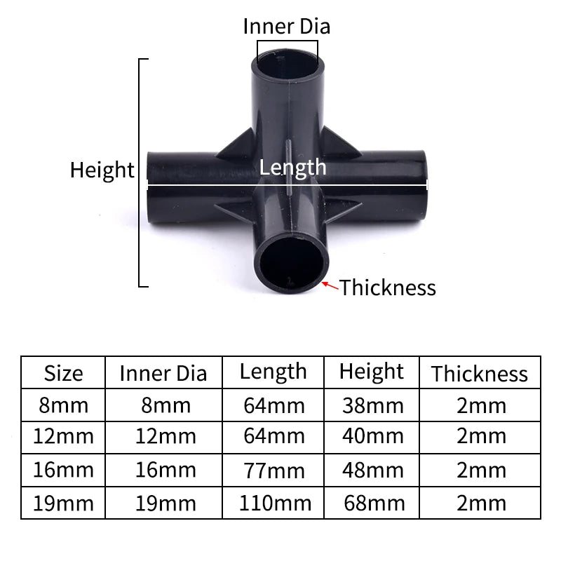 I.D 8/12/16/19mm Black Plastic Pipe Connector DIY Shelf Water Tube Joint Tent Fixed Connector Tee Four Way Elbow Straight Joint
