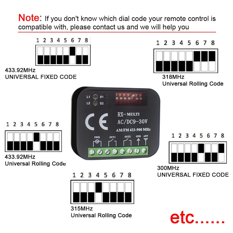 RX MULTI Receiver 300-868MHz AC/DC 9-30V Relay Universal Garage Door / Gate Remote Control Receiver 2 CH Switch For 433 868 MHz