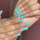 24Pcs Gold French Border False Nails Long Coffin False Nails with Rhinestones Ballerina Full Cover Nail Tips Press on Nails 2030