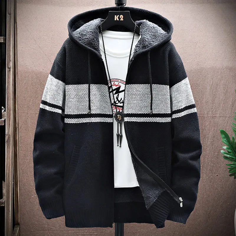 2023 Autumn Korean Hooded Men's Sweater with Thick and Velvet Men Cardigan Knitted Sweater Coat Stripe Jacket Male M-4XL MY03